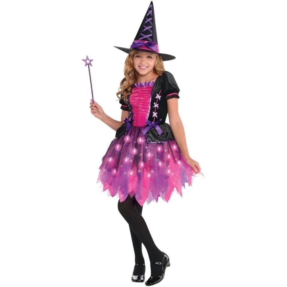 Suit Yourself Witch Costume Girls Pink Black Light Up Dress Hat Wand Excellent